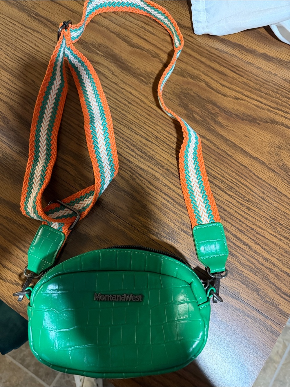 Montana West Green Crossbody with Orange and Cream Striped Strap